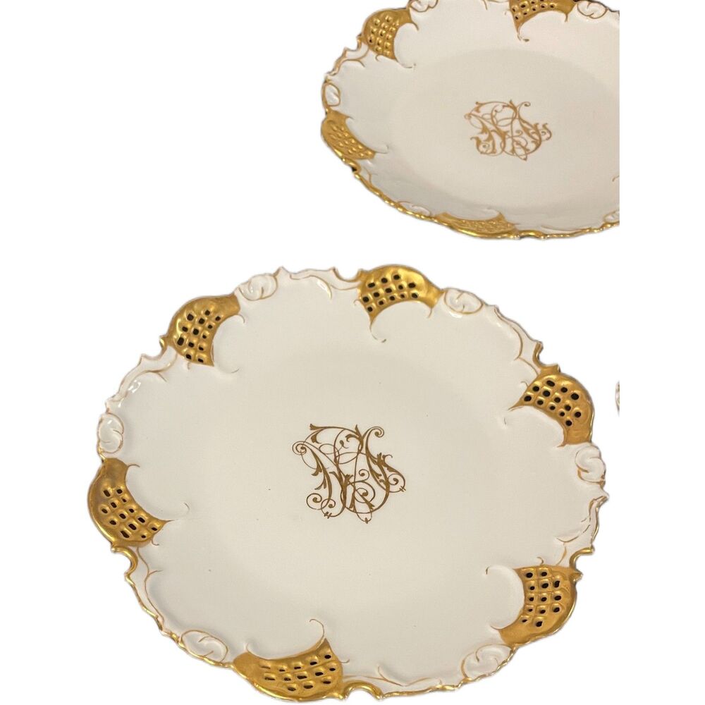Antique Vienna Austria Reticulated Gold Gilt Monogram Dessert Plates Set 3